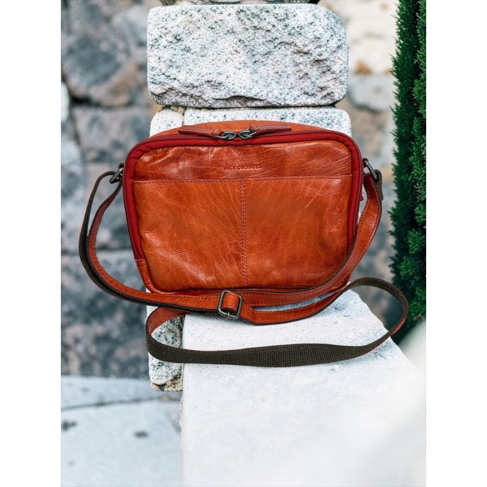 Jack Georges Leather Double Zippered Crossbody Voyager Red Utility Pockets